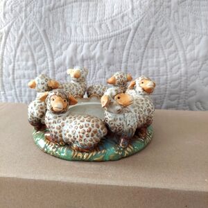 Studio art glazed stoneware pillar candle with lambs